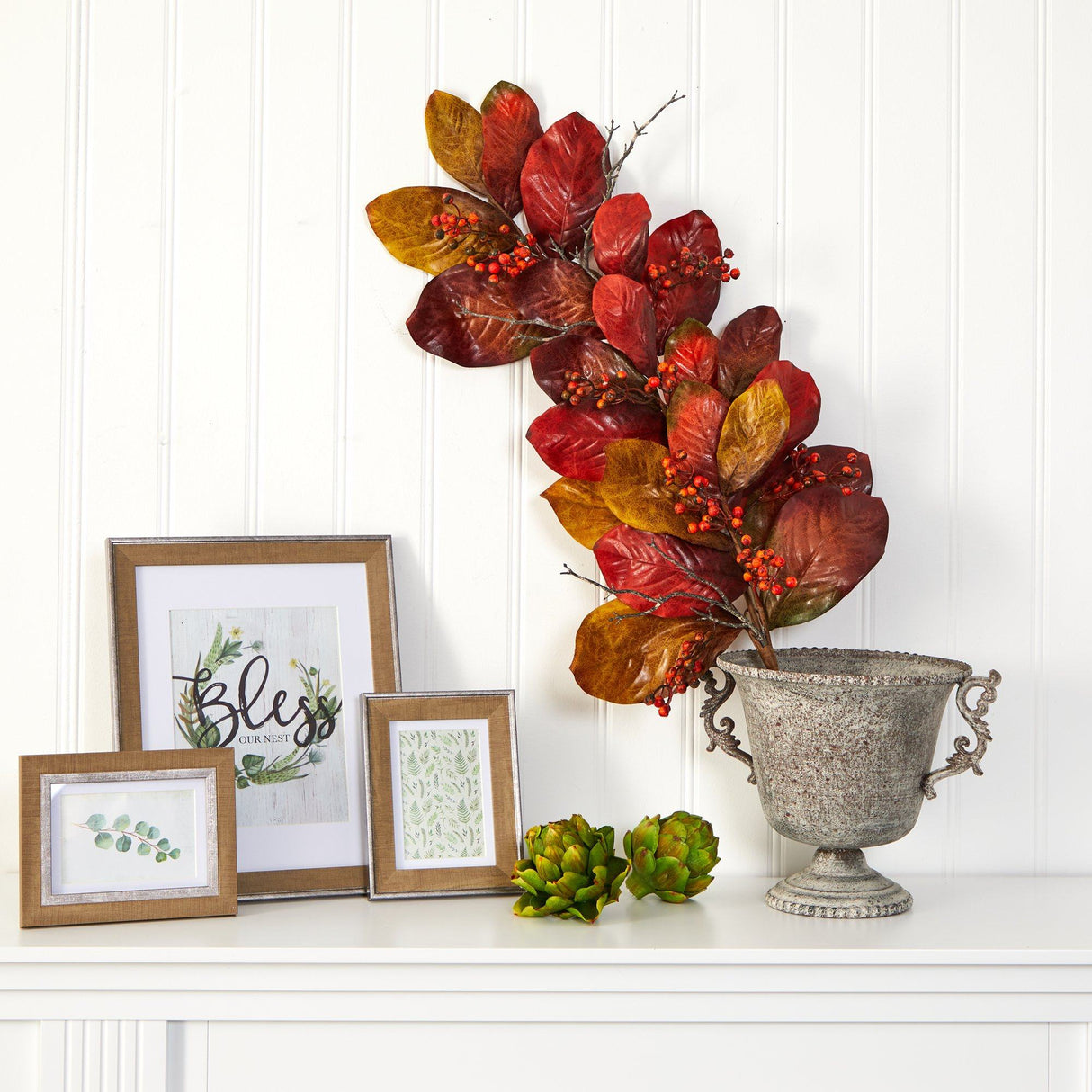 36” Autumn Magnolia Leaf with Berries Artificial Tear Drop-Teardrop-Parc Decor