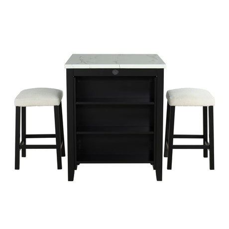36" Modern Dining Table Set with 2 Stool, High Gloss Table Top, USB-A & USB-C Charging Ports