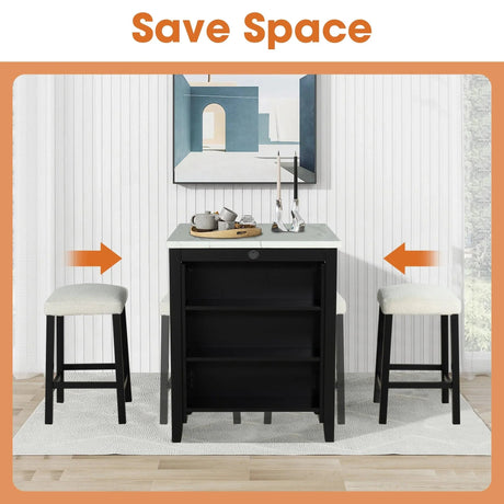 36" Modern Dining Table Set with 2 Stool, High Gloss Table Top, USB-A & USB-C Charging Ports
