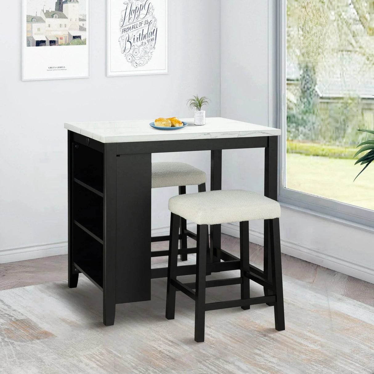 36" Modern Dining Table Set with 2 Stool, High Gloss Table Top, USB-A & USB-C Charging Ports
