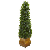 38” Sweet Bay Cone Topiary Artificial Tree in Decorative Metal Planter-Parc Decor