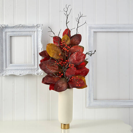 38” Autumn Magnolia Leaf with Berries Artificial Plant in Cream Planter with Gold Base-Stem-Parc Decor