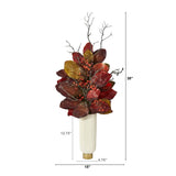 38” Autumn Magnolia Leaf with Berries Artificial Plant in Cream Planter with Gold Base-Stem-Parc Decor