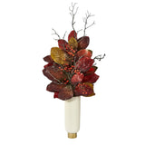 38” Autumn Magnolia Leaf with Berries Artificial Plant in Cream Planter with Gold Base-Stem-Parc Decor