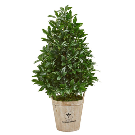 39” Bay Leaf Cone Topiary Artificial Tree in Farmhouse Planter-Parc Decor