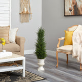 39” Cypress Artificial Tree in White Urn UV Resistant (Indoor/Outdoor)-Parc Decor