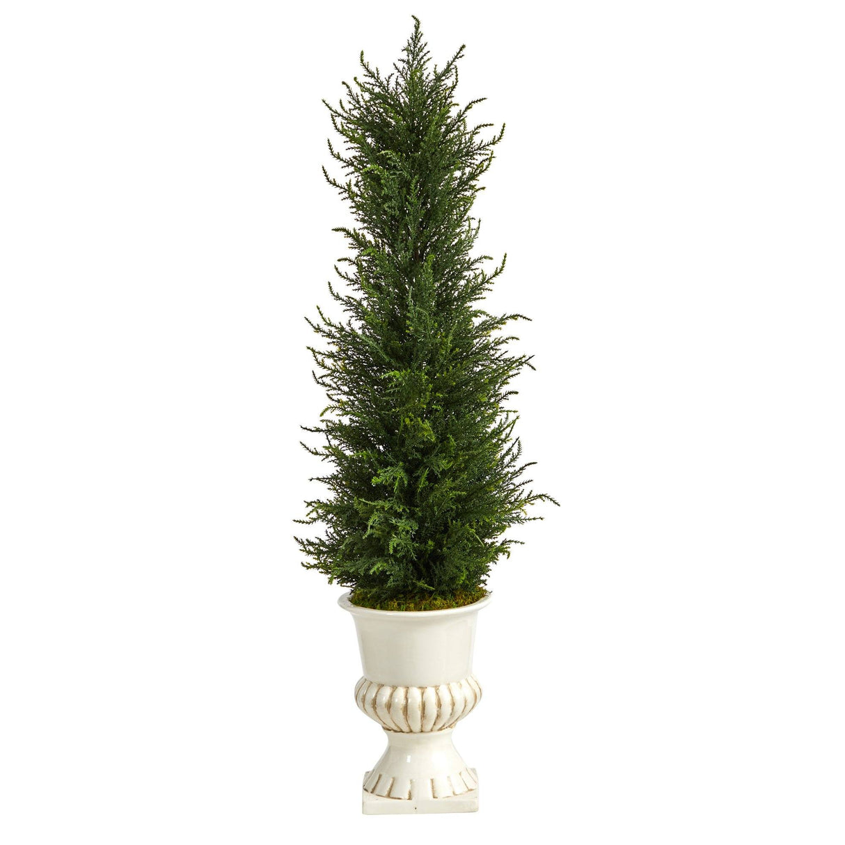 39” Cypress Artificial Tree in White Urn UV Resistant (Indoor/Outdoor)-Parc Decor