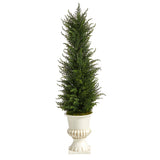 39” Cypress Artificial Tree in White Urn UV Resistant (Indoor/Outdoor)-Parc Decor