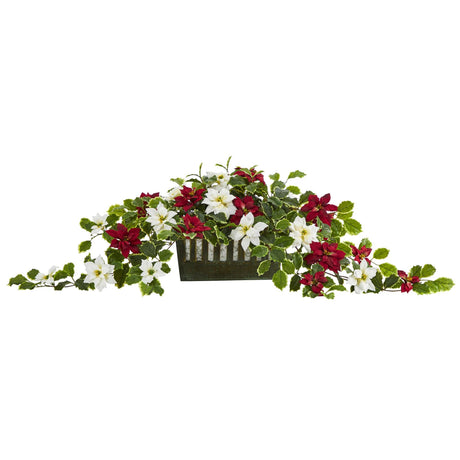 39” Poinsettia and Variegated Holly Artificial Plant in Decorative Planter (Real Touch)-Plant in Planter-Parc Decor