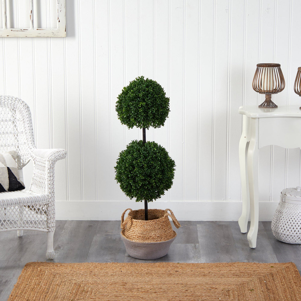 3.5’ Artificial Boxwood Double Ball Topiary Tree in Boho Chic Handmade Cotton & Jute Planter UV Resistant-Parc Decor