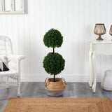 3.5’ Artificial Boxwood Double Ball Topiary Tree in Boho Chic Handmade Cotton & Jute Planter UV Resistant-Parc Decor