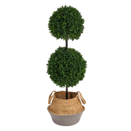 3.5’ Artificial Boxwood Double Ball Topiary Tree in Boho Chic Handmade Cotton & Jute Planter UV Resistant-Parc Decor
