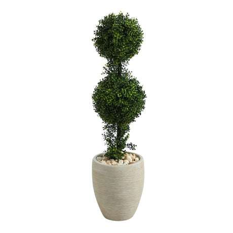 3.5’ Boxwood Double Ball Topiary Artificial Tree in Sand Colored Planter (Indoor/Outdoor)-Parc Decor