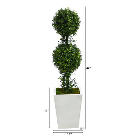 3.5’ Boxwood Double Ball Topiary Artificial Tree in White Metal Planter(Indoor/Outdoor)-Parc Decor