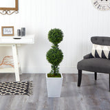 3.5’ Boxwood Double Ball Topiary Artificial Tree in White Metal Planter(Indoor/Outdoor)-Parc Decor
