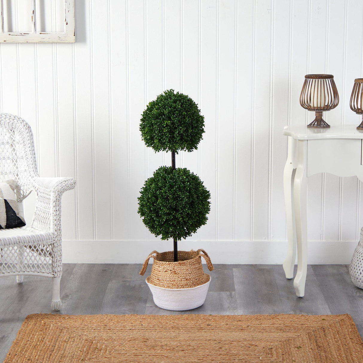 3.5’ Boxwood Double Ball Topiary Tree in Boho Chic Handmade Cotton & Jute Planter UV Resistant-Parc Decor