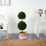 3.5’ Boxwood Double Ball Topiary Tree in Boho Chic Handmade Cotton & Jute Planter UV Resistant-Parc Decor