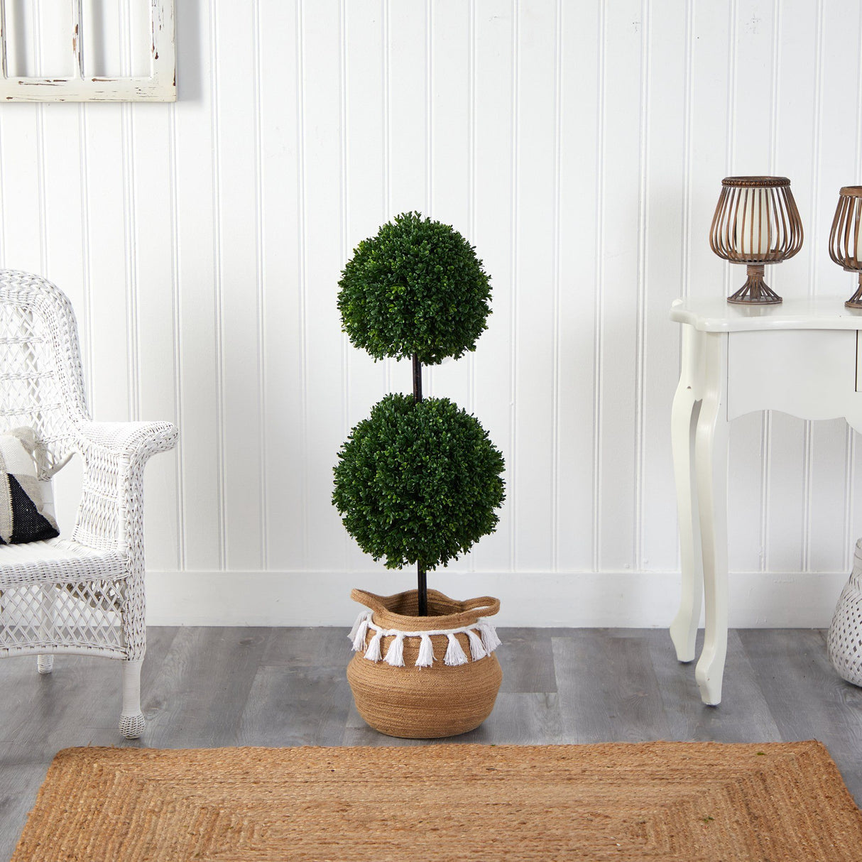3.5’ Boxwood Double Ball Topiary Tree in Boho Chic Handmade Natural Planter UV Resistant-Parc Decor