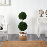 3.5’ Boxwood Double Ball Topiary Tree in Boho Chic Handmade Natural Planter UV Resistant-Parc Decor