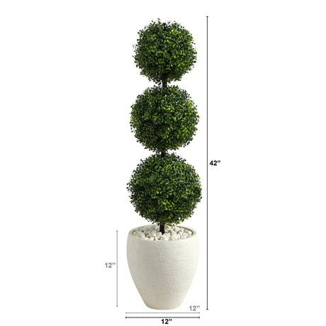 3.5’ Boxwood Triple Ball Topiary Artificial Tree in White Planter (Indoor/Outdoor)-Parc Decor