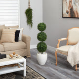 3.5’ Boxwood Triple Ball Topiary Artificial Tree in White Planter (Indoor/Outdoor)-Parc Decor
