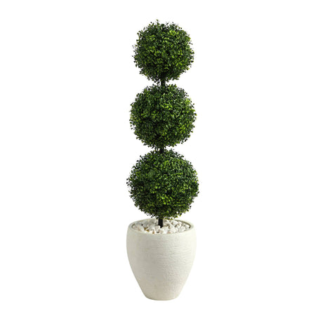 3.5’ Boxwood Triple Ball Topiary Artificial Tree in White Planter (Indoor/Outdoor)-Parc Decor