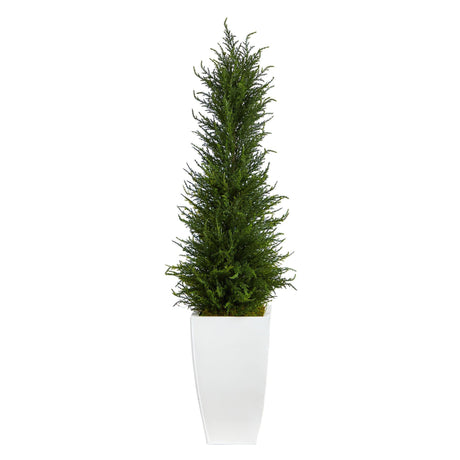 3.5’ Cypress Artificial Tree in White Metal Planter (Indoor/Outdoor)-Parc Decor
