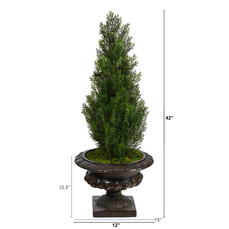 3.5’ Mini Cedar Artificial Pine Tree in Iron Colored Urn UV Resistant (Indoor/Outdoor)-Parc Decor