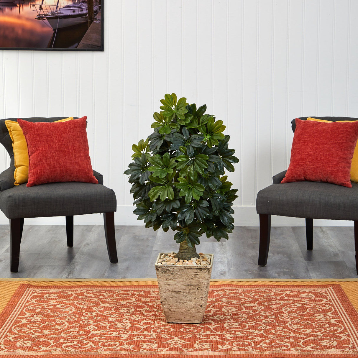 3.5’ Schefflera Artificial Tree in Country White Planter (Real Touch)-Parc Decor