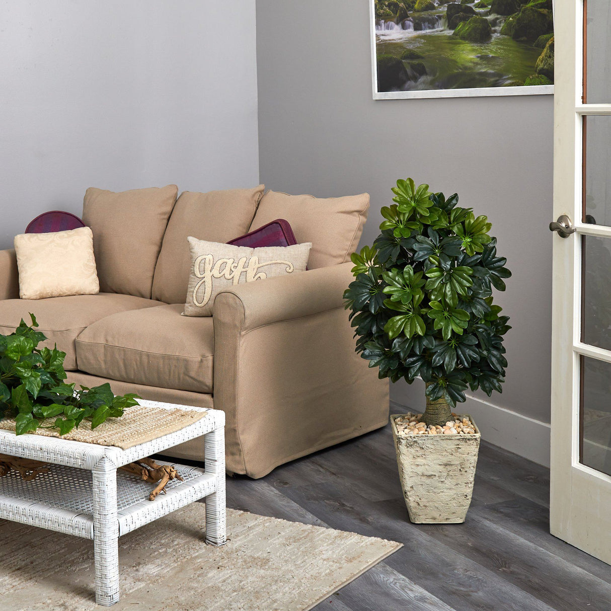 3.5’ Schefflera Artificial Tree in Country White Planter (Real Touch)-Parc Decor