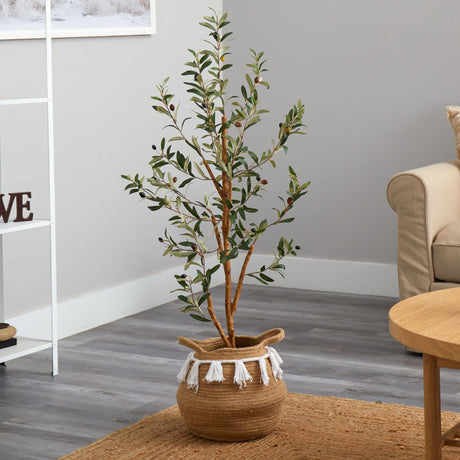 3.5’ Artificial Olive Tree with Handmade Jute & Cotton Basket with Tassels-Plant in Planter-Parc Decor