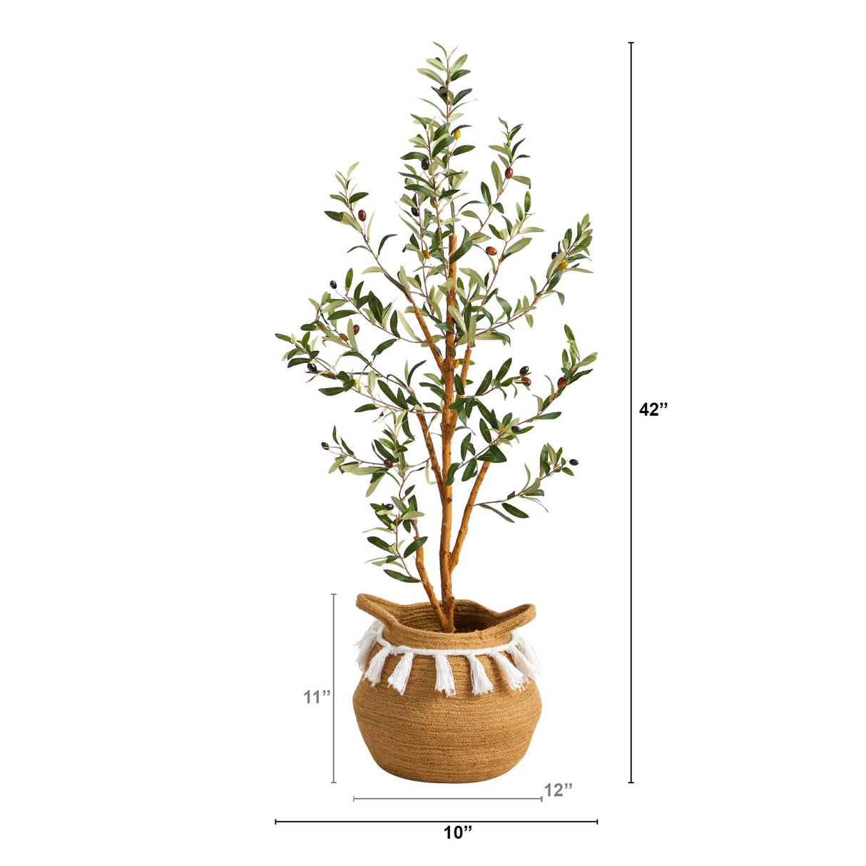 3.5’ Artificial Olive Tree with Handmade Jute & Cotton Basket with Tassels-Plant in Planter-Parc Decor