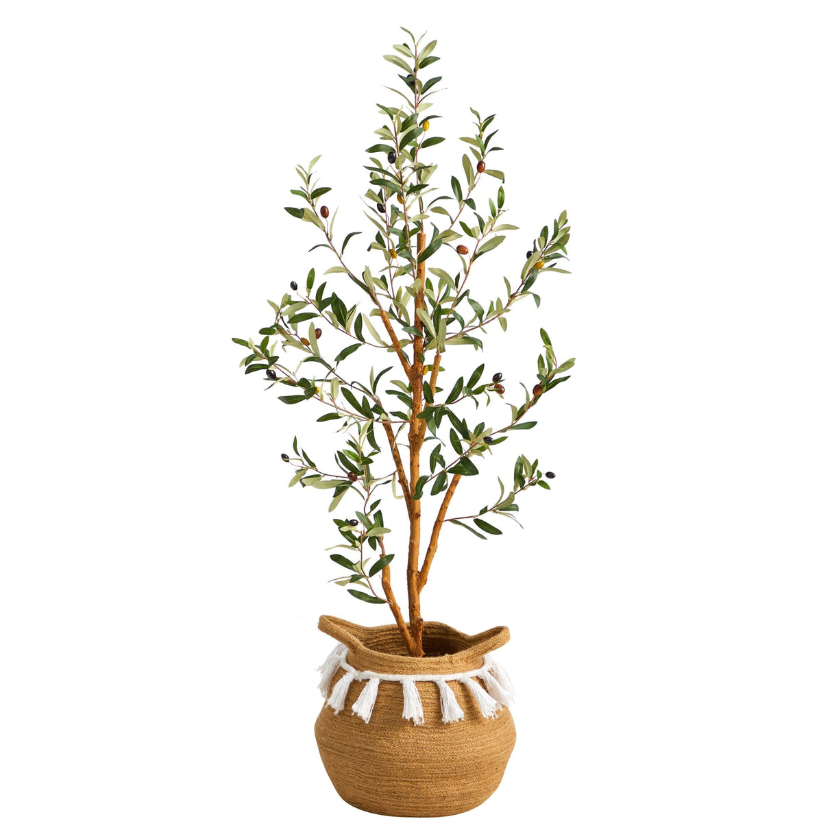 3.5’ Artificial Olive Tree with Handmade Jute & Cotton Basket with Tassels-Plant in Planter-Parc Decor
