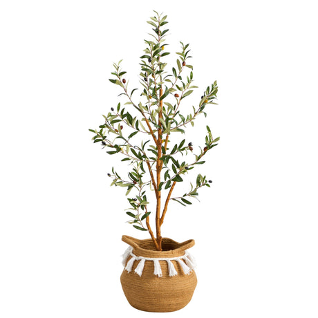 3.5’ Artificial Olive Tree with Handmade Jute & Cotton Basket with Tassels-Plant in Planter-Parc Decor