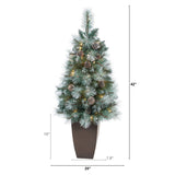 3.5’ Frosted Tip British Columbia Mountain Pine Artificial Christmas Tree with 50 Clear Lights, Pine Cones and 112 Bendable Branches in Metal Planter-Christmas Tree-Parc Decor