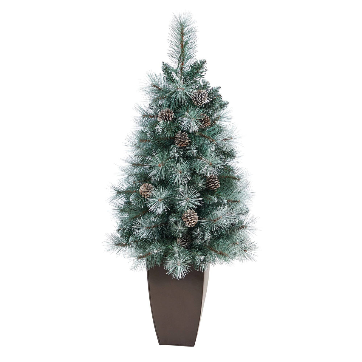 3.5’ Frosted Tip British Columbia Mountain Pine Artificial Christmas Tree with 50 Clear Lights, Pine Cones and 112 Bendable Branches in Metal Planter-Christmas Tree-Parc Decor