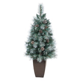 3.5’ Frosted Tip British Columbia Mountain Pine Artificial Christmas Tree with 50 Clear Lights, Pine Cones and 112 Bendable Branches in Metal Planter-Christmas Tree-Parc Decor