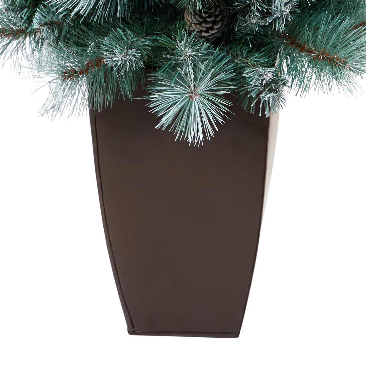 3.5’ Frosted Tip British Columbia Mountain Pine Artificial Christmas Tree with 50 Clear Lights, Pine Cones and 112 Bendable Branches in Metal Planter-Christmas Tree-Parc Decor