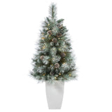 3.5’ Frosted Tip British Columbia Mountain Pine Artificial Christmas Tree with 50 Clear Lights, Pine Cones and 112 Bendable Branches in Metal Planter-Christmas Tree-Parc Decor