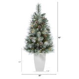 3.5’ Frosted Tip British Columbia Mountain Pine Artificial Christmas Tree with 50 Clear Lights, Pine Cones and 112 Bendable Branches in Metal Planter-Christmas Tree-Parc Decor