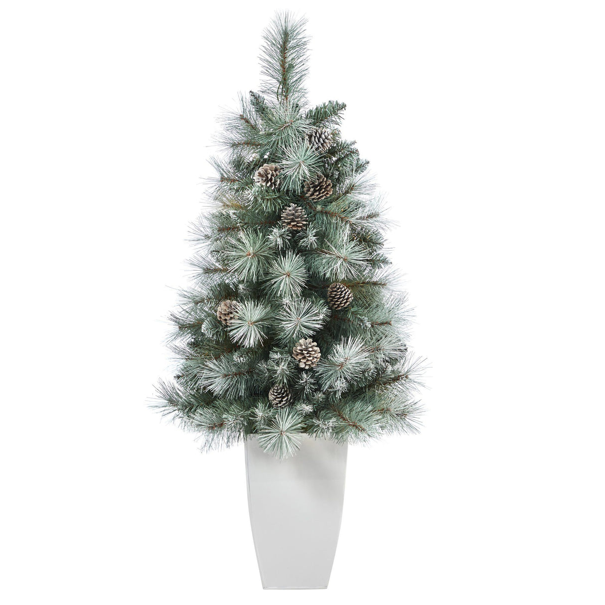 3.5’ Frosted Tip British Columbia Mountain Pine Artificial Christmas Tree with 50 Clear Lights, Pine Cones and 112 Bendable Branches in Metal Planter-Christmas Tree-Parc Decor