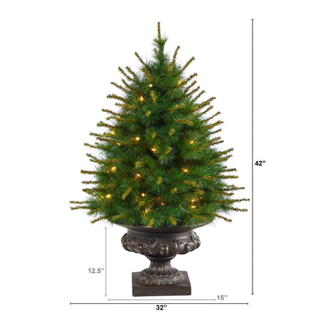 3.5’ New England Pine Artificial Christmas Tree with 50 Clear Lights and 117 Bendable Branches in Iron Colored Urn-Christmas Tree-Parc Decor