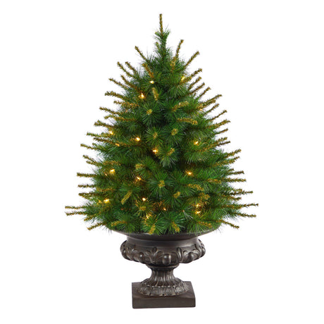 3.5’ New England Pine Artificial Christmas Tree with 50 Clear Lights and 117 Bendable Branches in Iron Colored Urn-Christmas Tree-Parc Decor