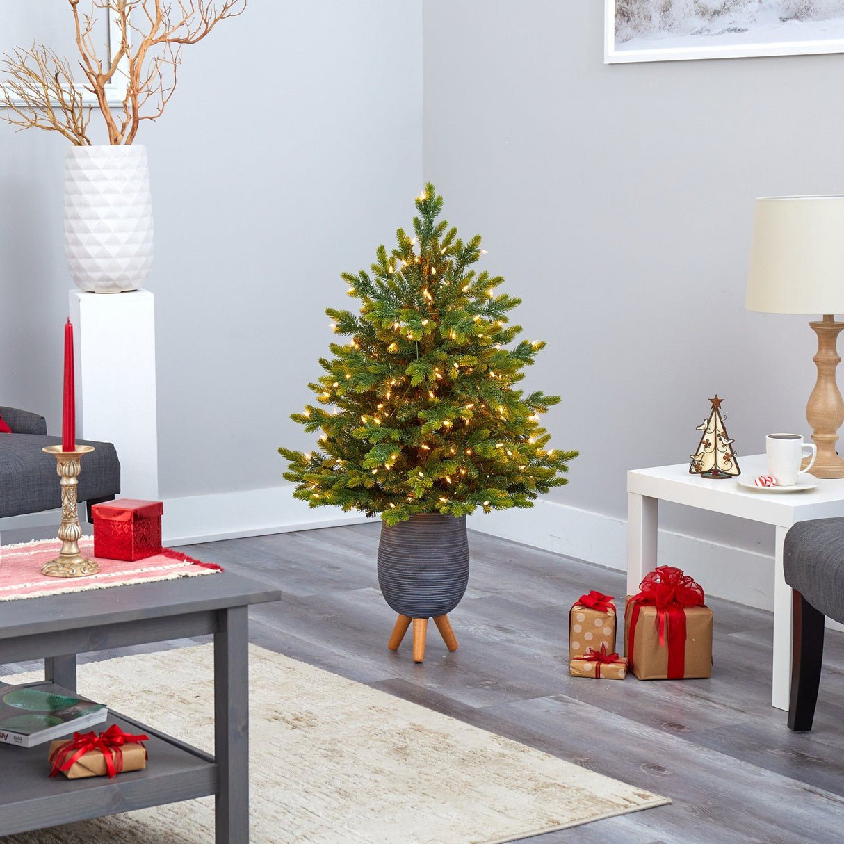 3.5’ North Carolina Fir Artificial Christmas Tree with 150 Clear Lights and 563 Bendable Branches in Gray Planter with Stand-Christmas Tree-Parc Decor