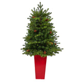 3.5’ Yukon Mountain Fir Artificial Christmas Tree with 50 Clear Lights and Pine Cones in Red Planter-Christmas Tree-Parc Decor