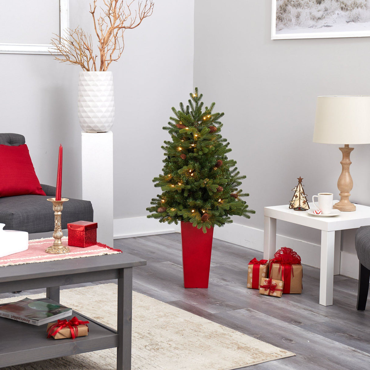 3.5’ Yukon Mountain Fir Artificial Christmas Tree with 50 Clear Lights and Pine Cones in Red Planter-Christmas Tree-Parc Decor