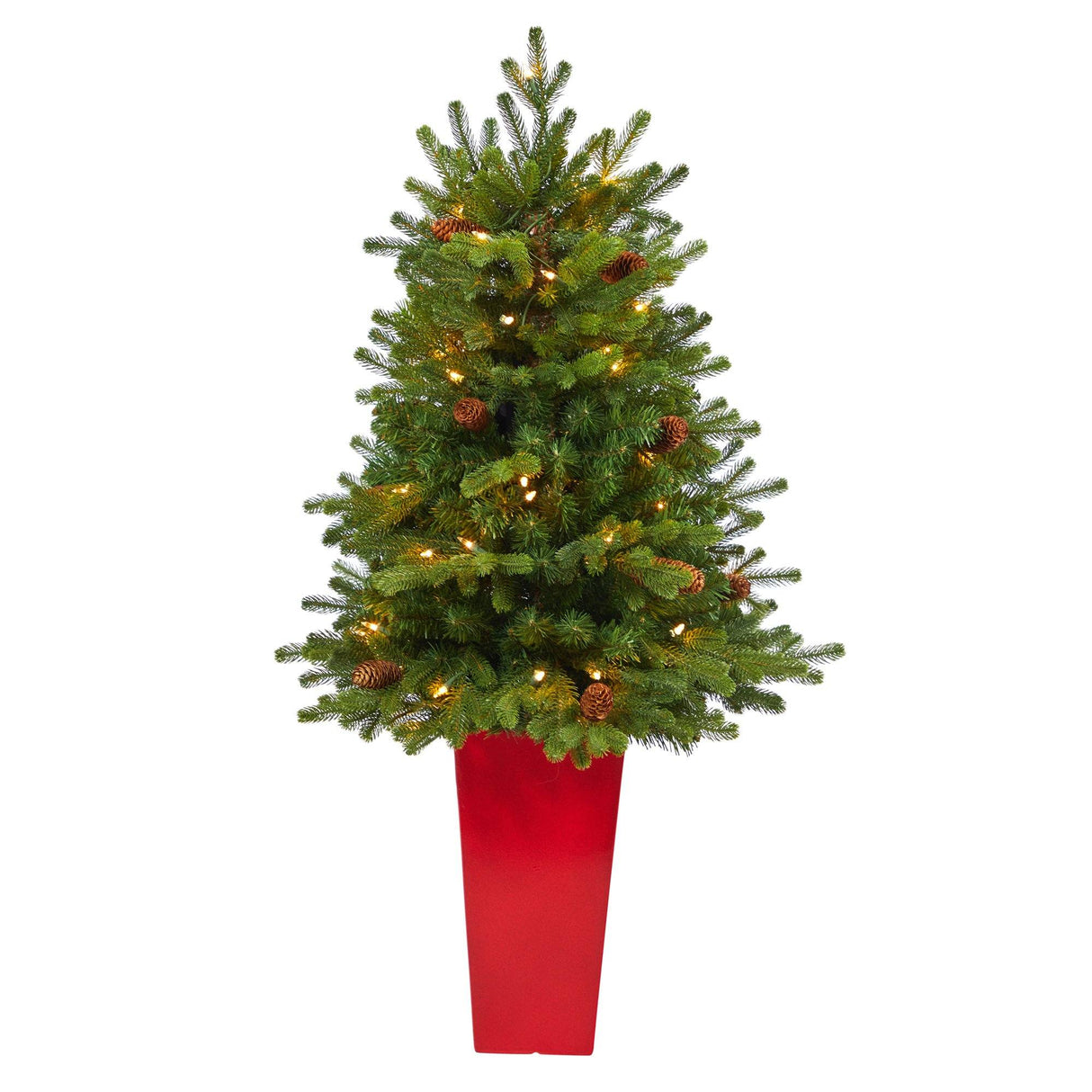3.5’ Yukon Mountain Fir Artificial Christmas Tree with 50 Clear Lights and Pine Cones in Red Planter-Christmas Tree-Parc Decor