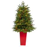 3.5’ Yukon Mountain Fir Artificial Christmas Tree with 50 Clear Lights and Pine Cones in Red Planter-Christmas Tree-Parc Decor