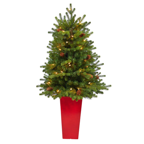 3.5’ Yukon Mountain Fir Artificial Christmas Tree with 50 Clear Lights and Pine Cones in Red Planter-Christmas Tree-Parc Decor