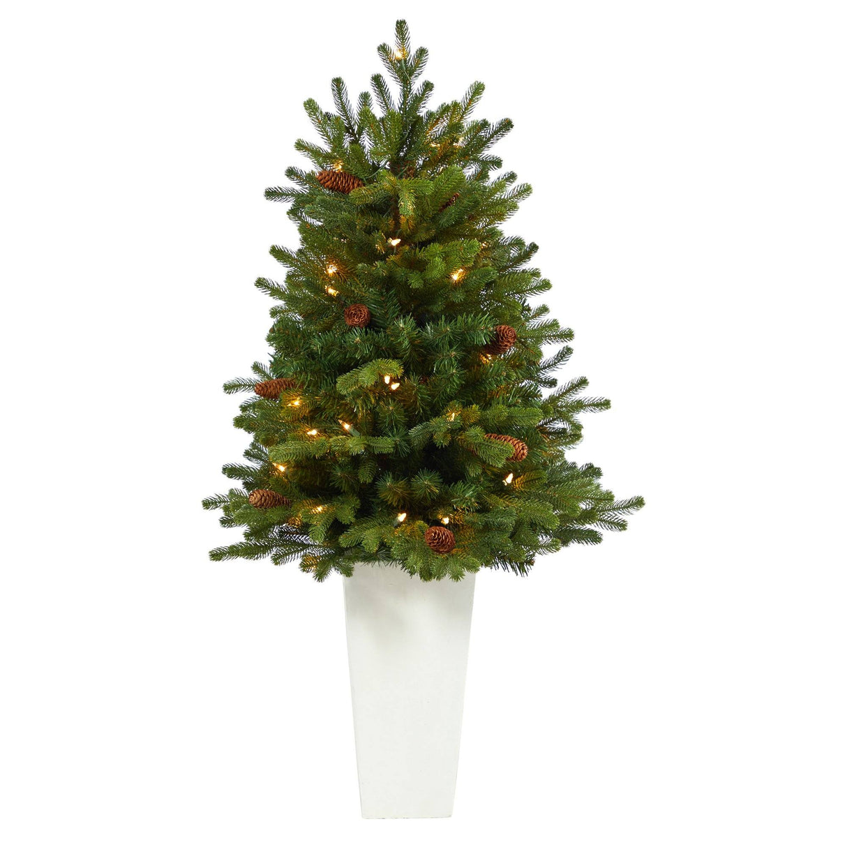 3.5’ Yukon Mountain Fir Artificial Christmas Tree with 50 Clear Lights and Pine Cones in White Planter-Christmas Tree-Parc Decor